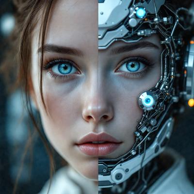 The primary subject of the image is a woman with blue eyes. She is shown in two different ways: one half of her face is shown with a futuristic robotic head, while the other half is shown with a human face. The setting is a dark room, and the visual style is a digital art or illustration. The colors and mood of the image are dark and mysterious, with the blue eyes of the woman being the main focal point.